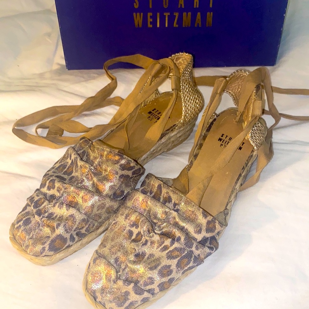 NEW Stuart Weitzman Denia Cheetah Linen Wedge Shine Espadrilles 8.5 / 9